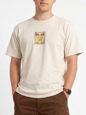 Obey Graphic Tee with Signature Face Logo Short Sleeve Cream Size M